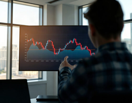 Financial analyst reviewing Bitcoin price chart on screen in modern office