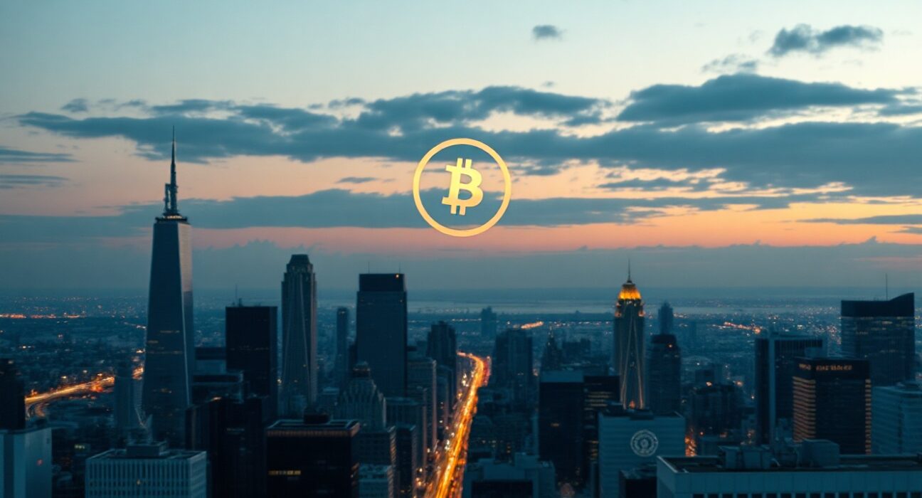 Bitcoin hologram over financial district skyline representing institutional holdings decline