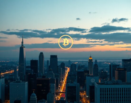 Bitcoin hologram over financial district skyline representing institutional holdings decline