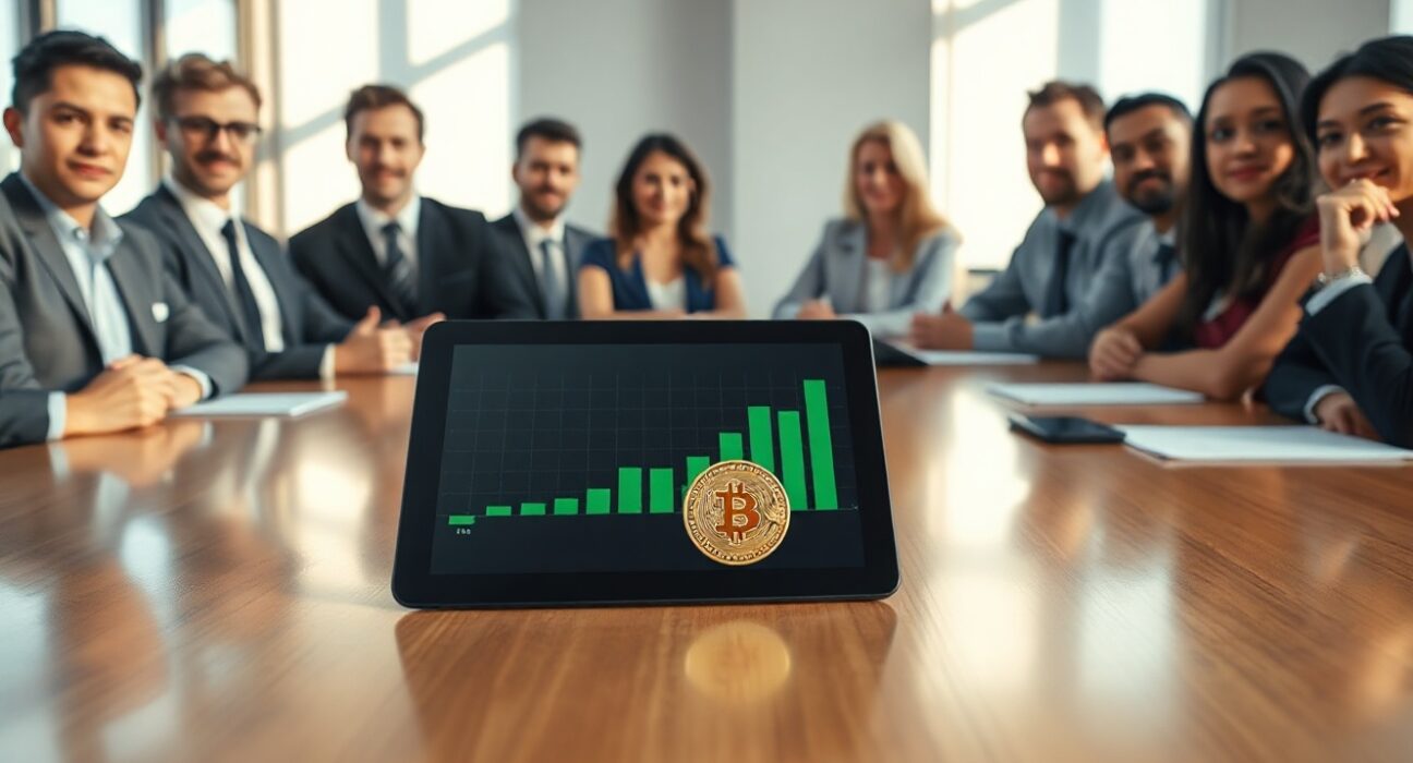 Professionals in a boardroom reviewing Bitcoin price data on a tablet with a physical Bitcoin coin nearby