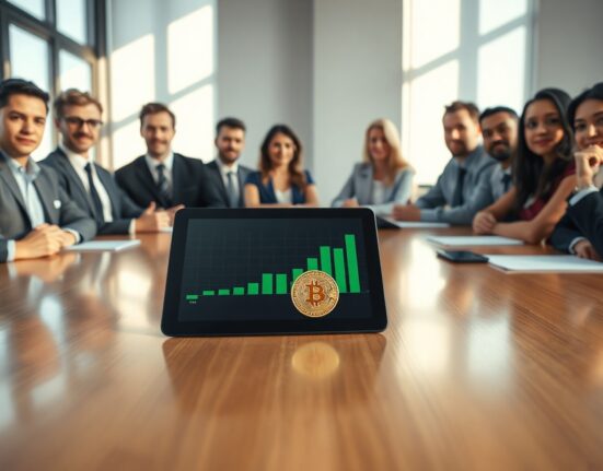 Professionals in a boardroom reviewing Bitcoin price data on a tablet with a physical Bitcoin coin nearby