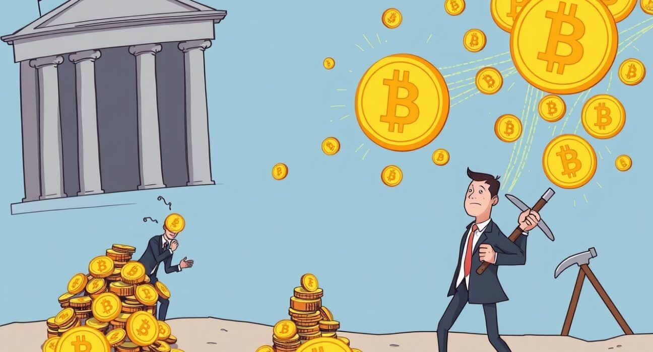 Illustration showing Institutional Bitcoin Purchases declining below daily mining output, signaling a shift in market dynamics.