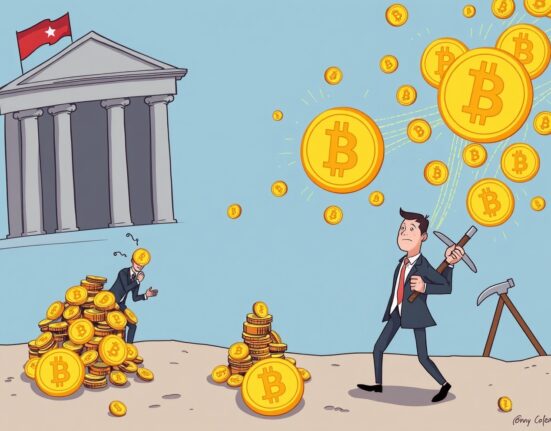 Illustration showing Institutional Bitcoin Purchases declining below daily mining output, signaling a shift in market dynamics.