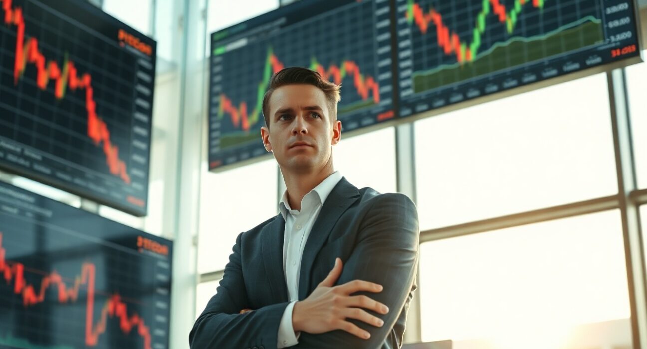 Financial analyst watching Bitcoin price charts showing a decline on trading floor monitors