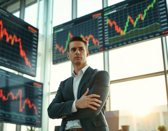 Financial analyst watching Bitcoin price charts showing a decline on trading floor monitors