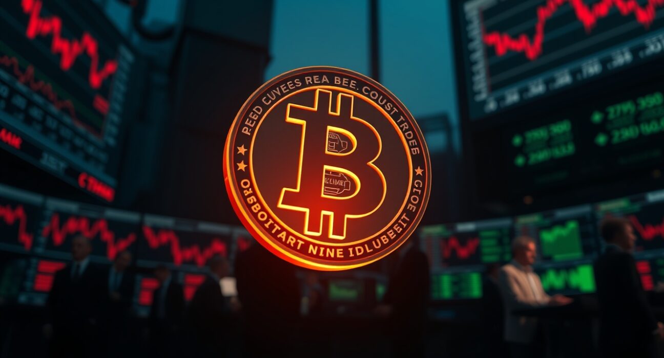 Dark trading floor with glowing Bitcoin coin symbol above analysts watching declining charts