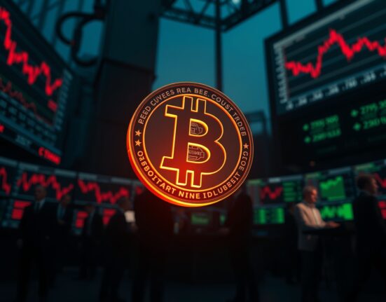 Dark trading floor with glowing Bitcoin coin symbol above analysts watching declining charts