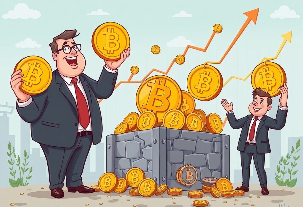 Cartoon showing strong institutional Bitcoin holdings growth, signifying major BTC adoption and corporate interest.