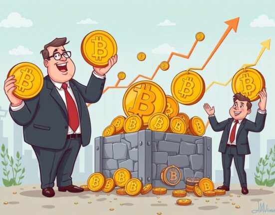 Cartoon showing strong institutional Bitcoin holdings growth, signifying major BTC adoption and corporate interest.