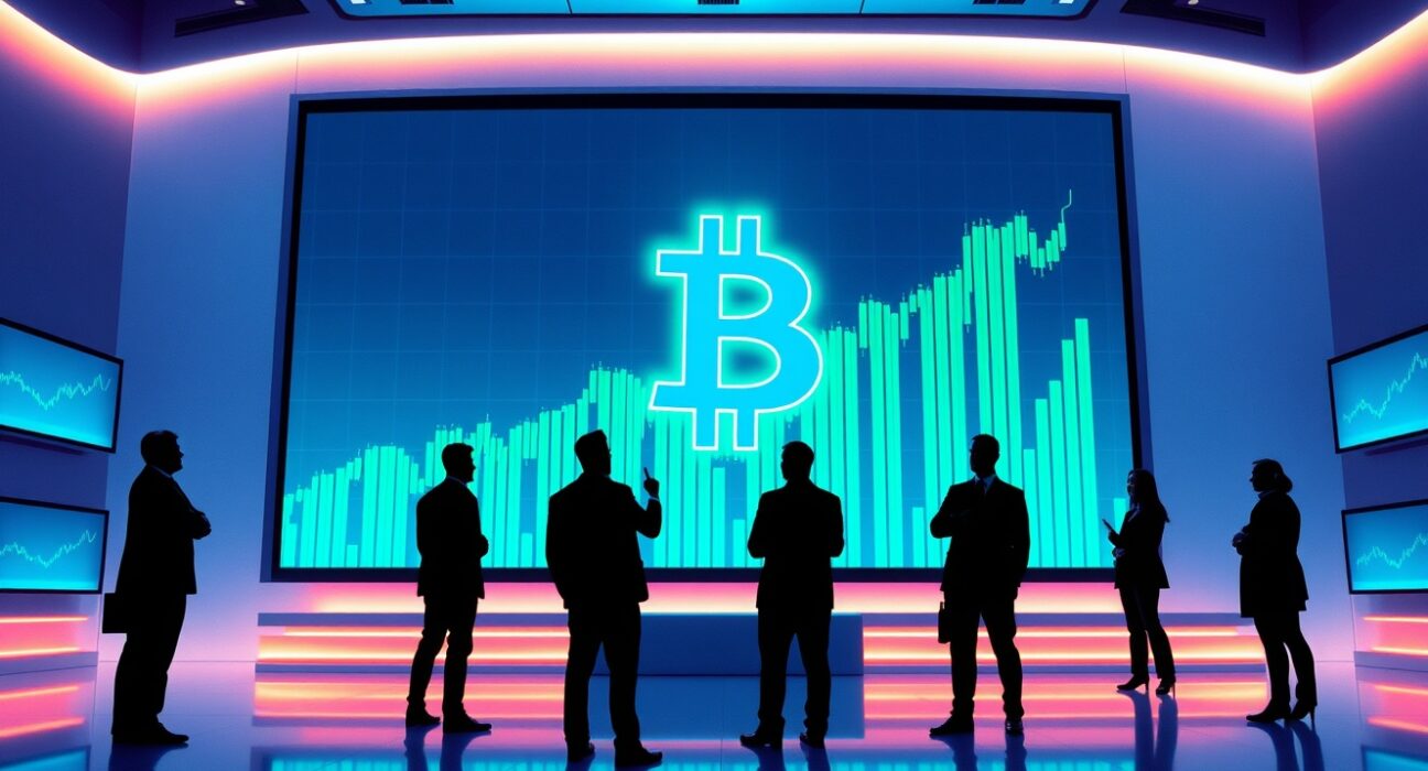 Institutional investors on a trading floor observe a Bitcoin price surge on a large display, highlighting strong BTC buying demand.