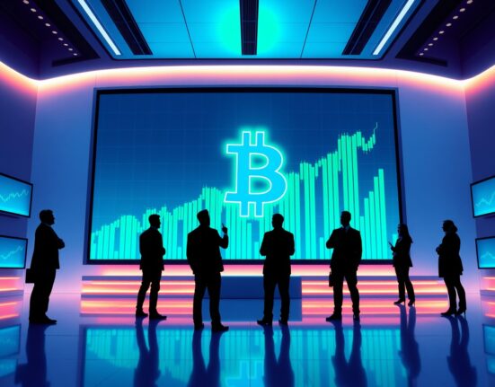 Institutional investors on a trading floor observe a Bitcoin price surge on a large display, highlighting strong BTC buying demand.