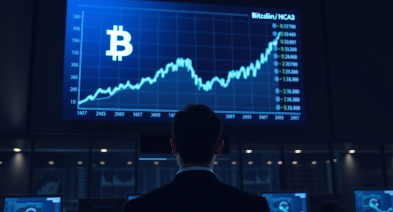 Institutional trading floor analyzing surging Bitcoin demand and market data.