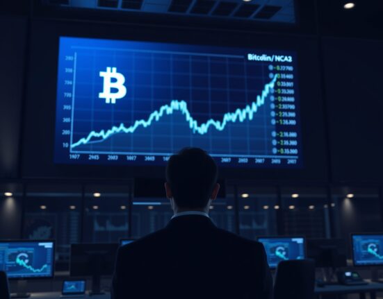 Institutional trading floor analyzing surging Bitcoin demand and market data.