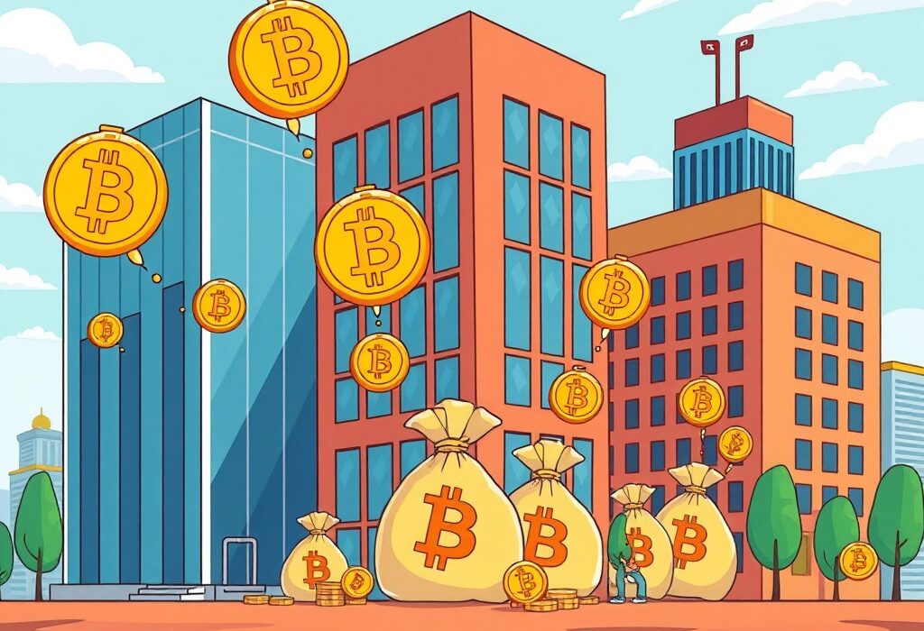 Cartoon showing steady institutional BTC investment flowing into corporate vaults, signifying long-term confidence and growth.
