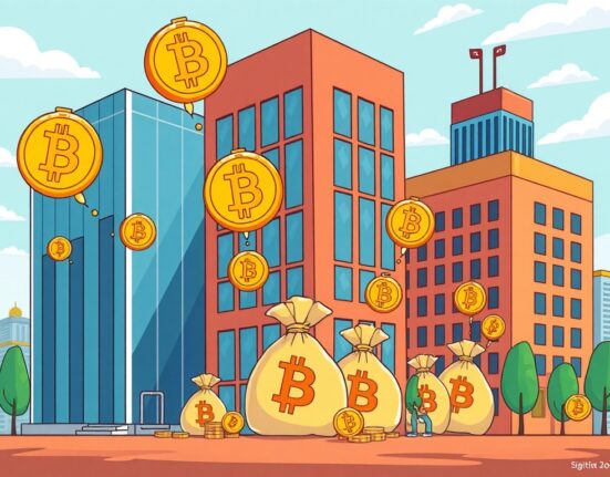 Cartoon showing steady institutional BTC investment flowing into corporate vaults, signifying long-term confidence and growth.