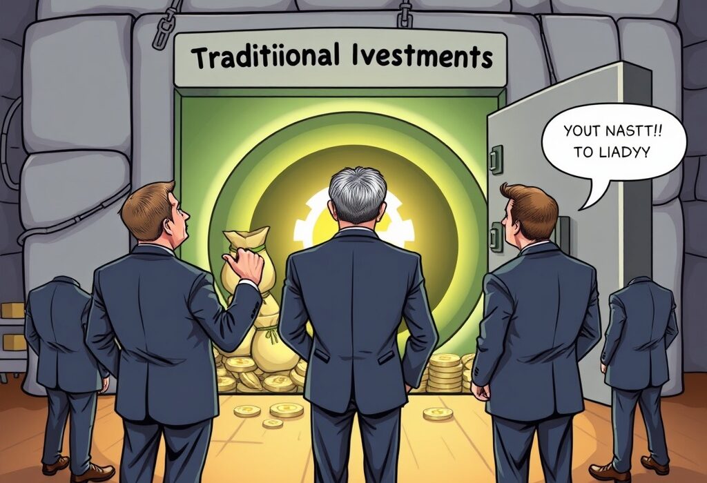 Cartoon showing fund managers cautiously avoiding cryptocurrency allocation, favoring traditional investments instead.