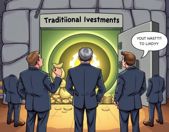 Cartoon showing fund managers cautiously avoiding cryptocurrency allocation, favoring traditional investments instead.