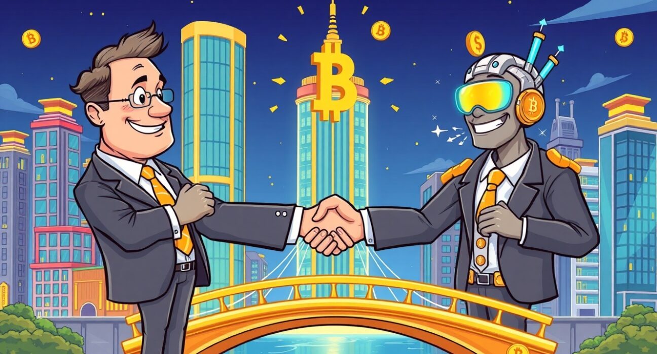 Cartoon illustration showing traditional institutions increasing their crypto allocation through digital bridges and collaboration.