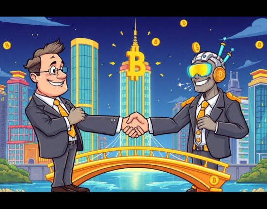 Cartoon illustration showing traditional institutions increasing their crypto allocation through digital bridges and collaboration.