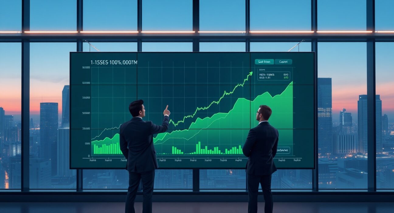 Financial analysts review cryptocurrency market data showing positive trends on a trading floor, representing institutional investment confidence.