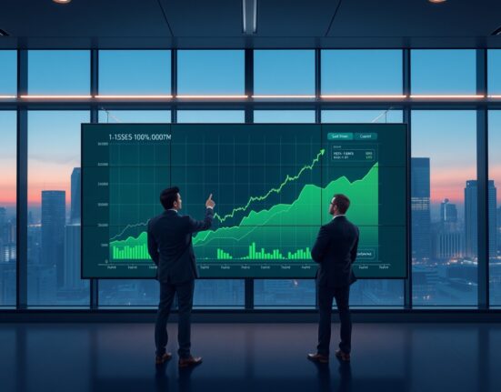 Financial analysts review cryptocurrency market data showing positive trends on a trading floor, representing institutional investment confidence.