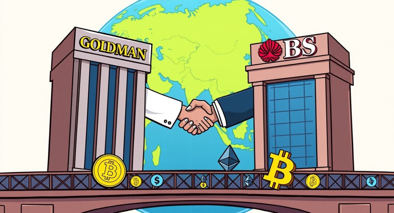 A cartoon illustration showing two major banks collaborating on an institutional crypto options trade, bridging traditional finance with digital assets.