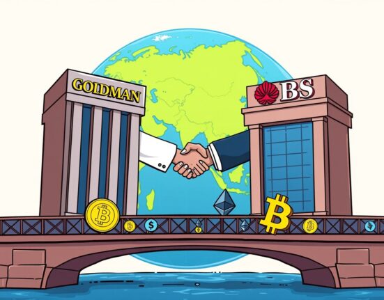 A cartoon illustration showing two major banks collaborating on an institutional crypto options trade, bridging traditional finance with digital assets.