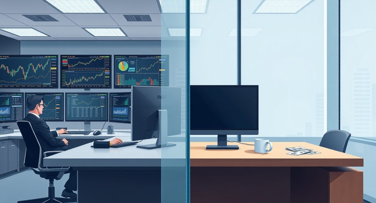 Institutional crypto investment dominates trading floors while retail investor spaces remain empty, illustrating the 2025 market shift.