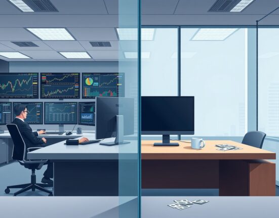 Institutional crypto investment dominates trading floors while retail investor spaces remain empty, illustrating the 2025 market shift.