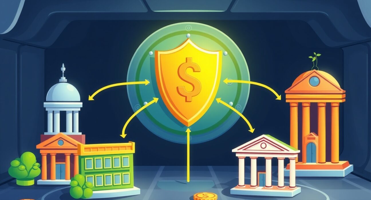 Cartoon showing secure, efficient institutional digital asset settlement between financial entities, symbolizing Crypto Finance's new solution.