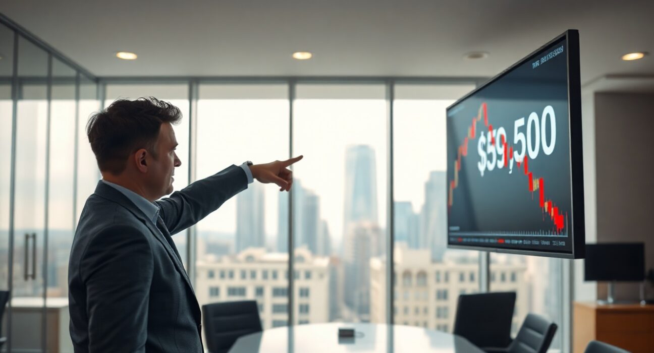 Analyst points to Bitcoin price chart showing drop below $60,000 on trading floor screen