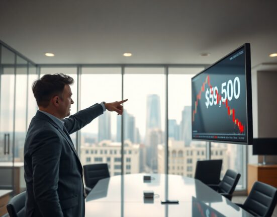 Analyst points to Bitcoin price chart showing drop below $60,000 on trading floor screen