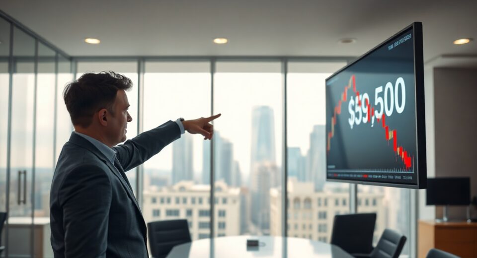Analyst points to Bitcoin price chart showing drop below $60,000 on trading floor screen