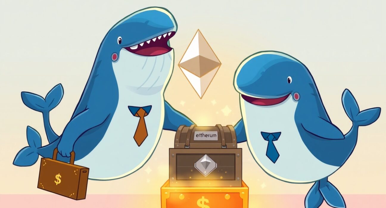 Cartoon of institutional whales accumulating ETH, symbolizing major crypto investment.