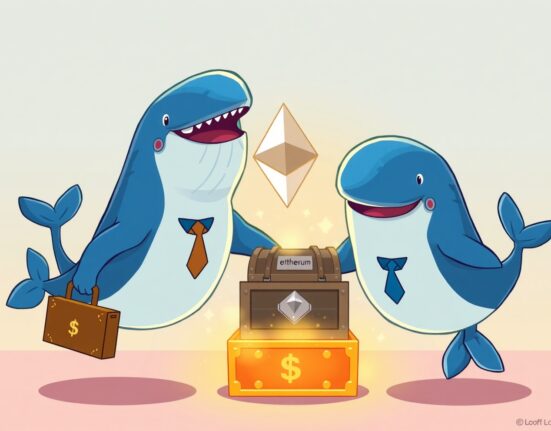Cartoon of institutional whales accumulating ETH, symbolizing major crypto investment.