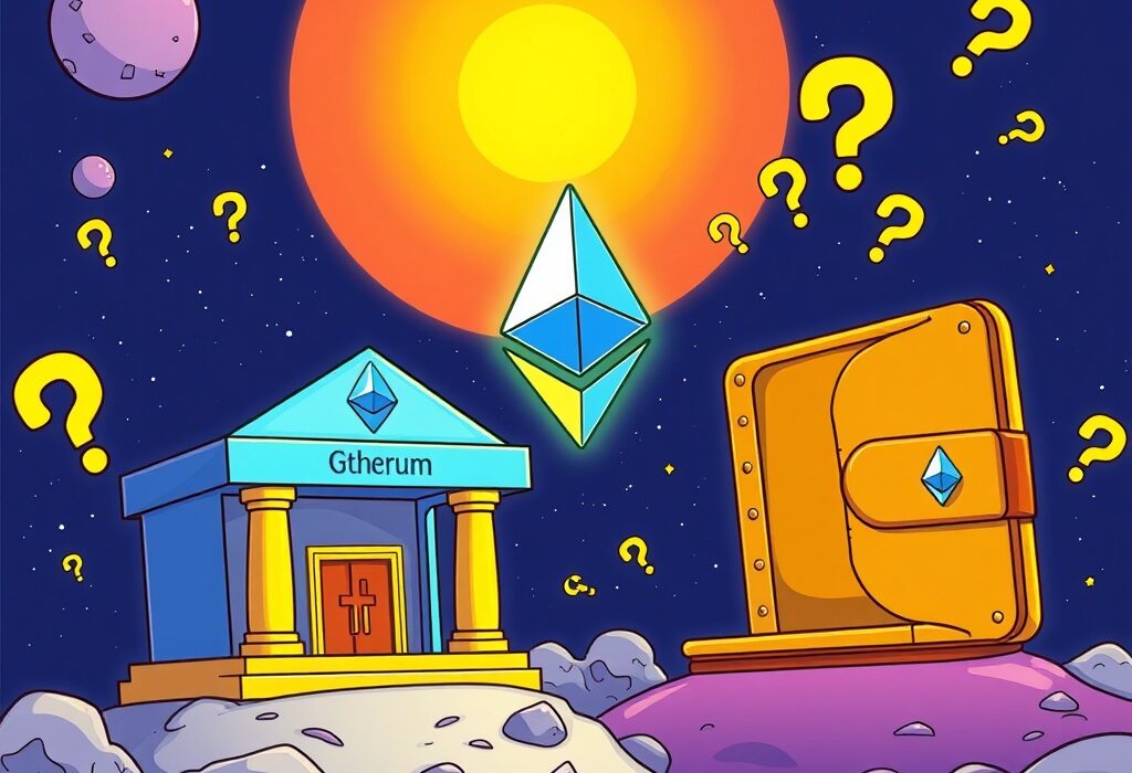 Cartoon illustration of a significant institutional ETH purchase, showing a large sum of Ethereum being transferred into a new, mysterious digital wallet.