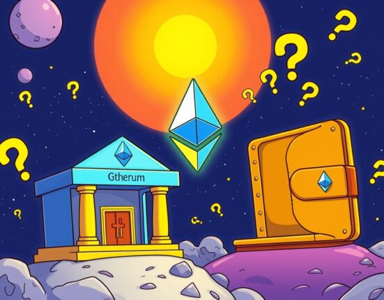 Cartoon illustration of a significant institutional ETH purchase, showing a large sum of Ethereum being transferred into a new, mysterious digital wallet.