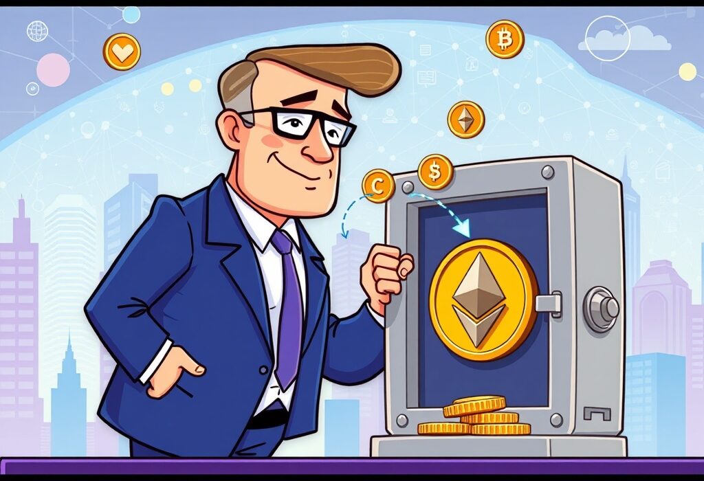 A cartoon illustration showing a large, confident institutional investor acquiring a substantial amount of Ethereum, representing the significant institutional ETH purchase.