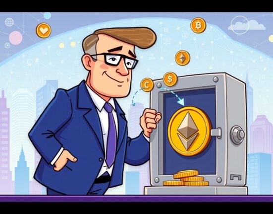 A cartoon illustration showing a large, confident institutional investor acquiring a substantial amount of Ethereum, representing the significant institutional ETH purchase.
