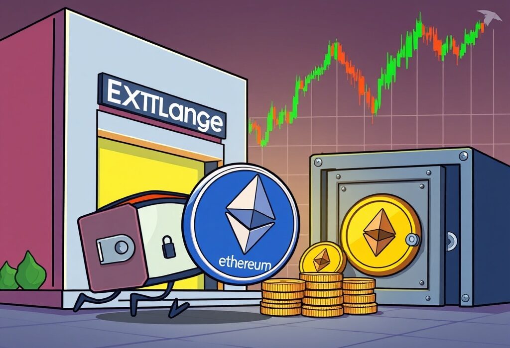 Cartoon illustration showing institutional wallets securing significant institutional ETH withdrawals, signaling long-term holding strategy.