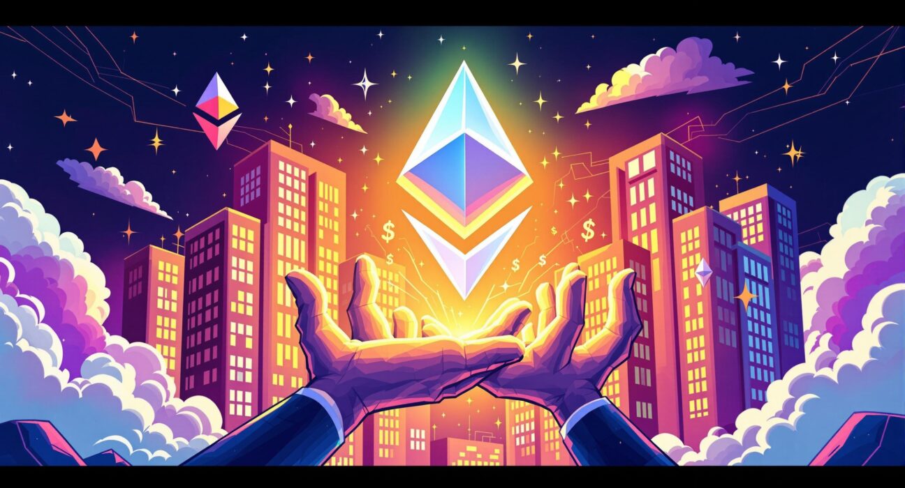 A cartoon illustration symbolizing the massive growth of institutional Ethereum holdings and its impact on the crypto market.