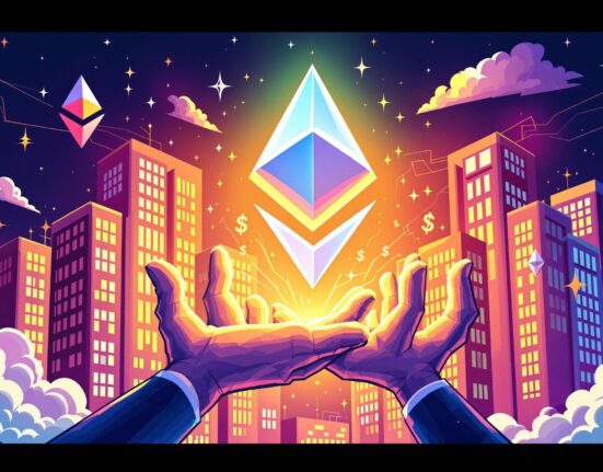 A cartoon illustration symbolizing the massive growth of institutional Ethereum holdings and its impact on the crypto market.