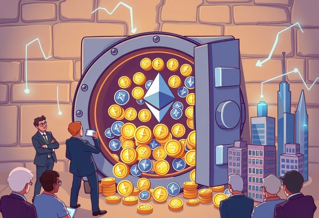 A cartoon illustration symbolizing institutional Ethereum investment, showing vast ETH reserves in a secure vault, indicating a major milestone in digital asset adoption.