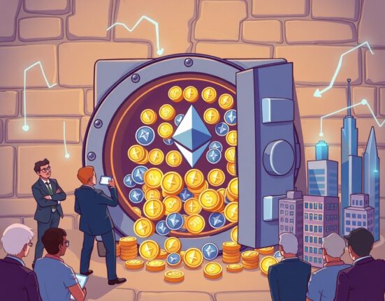 A cartoon illustration symbolizing institutional Ethereum investment, showing vast ETH reserves in a secure vault, indicating a major milestone in digital asset adoption.