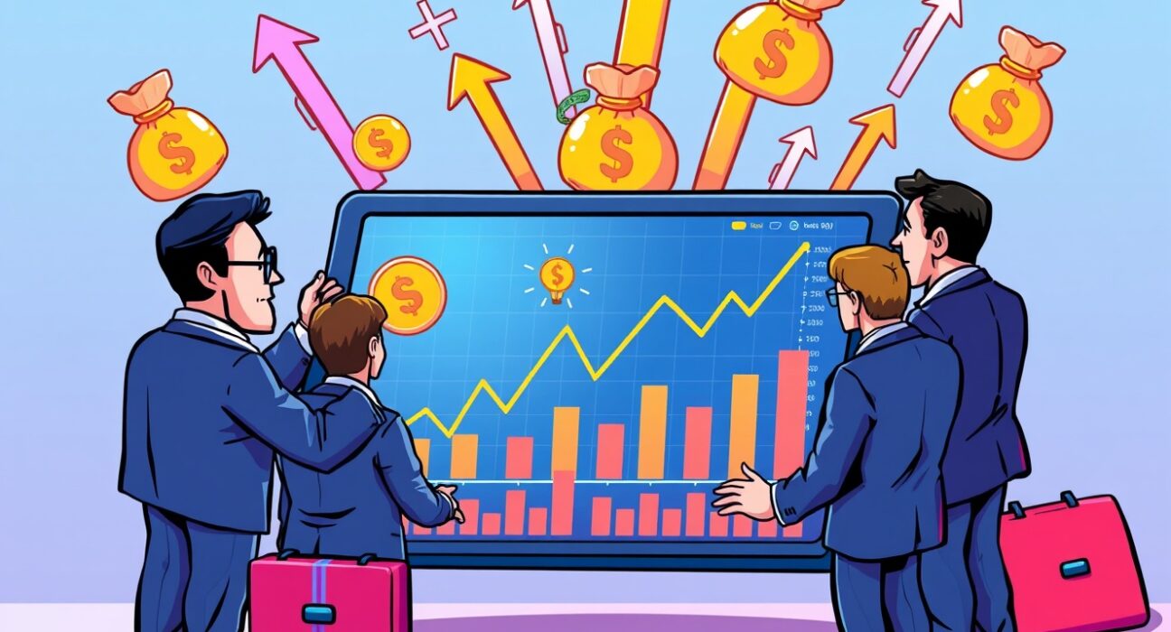Institutional investors analyzing growing crypto allocation charts in vibrant cartoon style