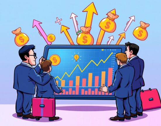 Institutional investors analyzing growing crypto allocation charts in vibrant cartoon style