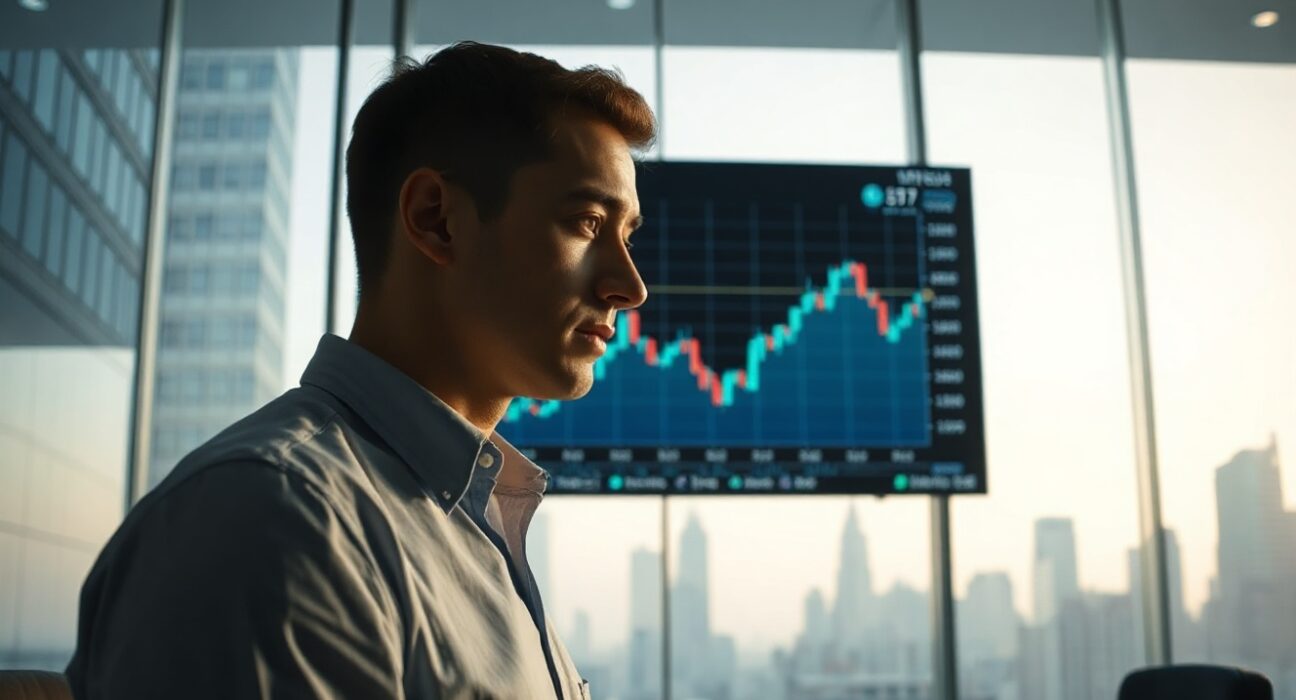Analyst in Seoul office analyzing Bitcoin price chart on a large screen with altcoin logos fading in background.
