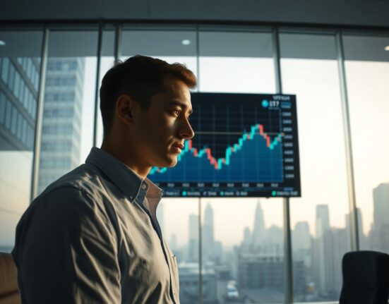 Analyst in Seoul office analyzing Bitcoin price chart on a large screen with altcoin logos fading in background.