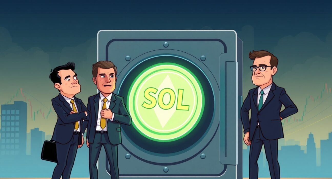 Cartoon showing institutional investors making a strategic institutional SOL investment, symbolizing significant capital flowing into Solana.