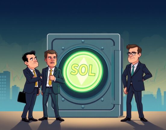 Cartoon showing institutional investors making a strategic institutional SOL investment, symbolizing significant capital flowing into Solana.